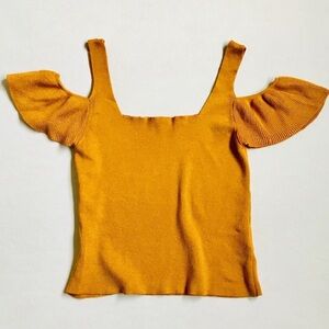 Topshop Crop Top Women size 6 Mustard Cold Shoulder Drape Sleeve Stretch Shirt